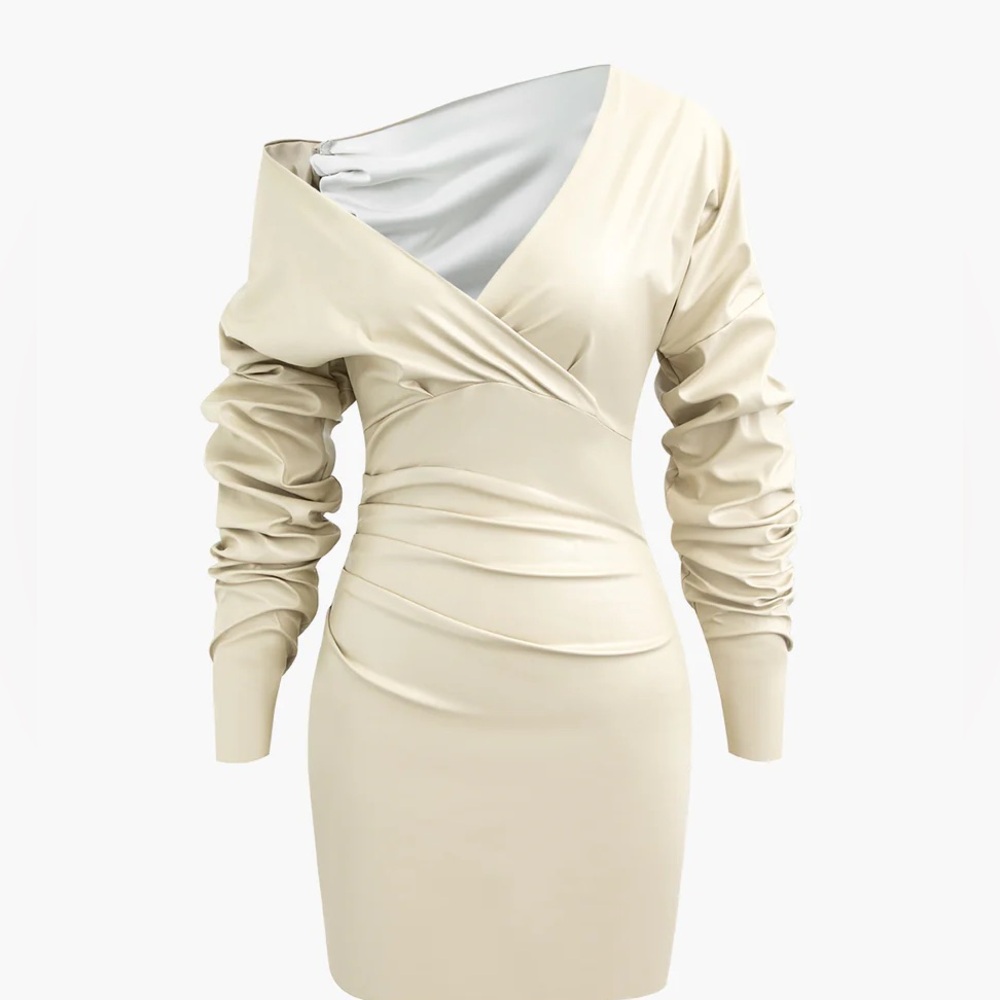 Asymmetric faux leather v-neck mini dress (new) - Picture 2 of 4